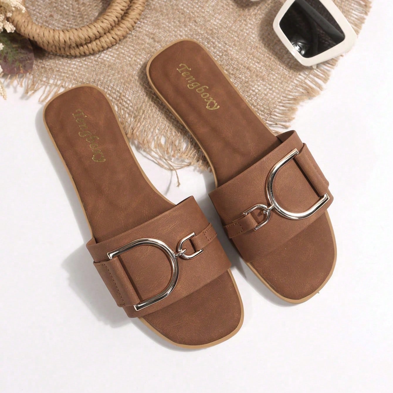 Sandalias planas de mujer con decoración de hebilla, zapatos de verano casuales, atuendos de playa