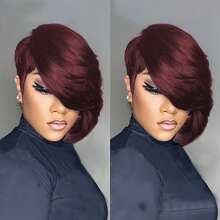 99J Wine Red Pixie Short Wig, Brazilian Human Hair, Glueless Full Lace Wig, Layered Short Wig With Bangs, Lace Front Wig - Burgundy - View 4
