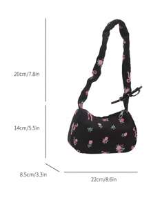 1 pieza Bolso de hombro de estilo casual y fashionable con cierre de cremallera, estampado floral en nailon negro, adecuado para uso diario de mujeres - Negro - Ver 9