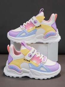 1 par de zapatillas informales con diseño de bloques de color en PU para niñas, sencillas y de moda, zapatos suaves y cómodos adecuados para niñas pequeñas, apropiados para uso diario, escuela, deporte, todas las estaciones - Morado - Ver 2