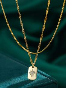 2pcs Set Elegant Middle East Inspired 18K Gold Plated Octagon Pendant Layered Necklaces, Suitable For Daily Wear & Festival Gifts