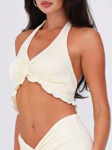 Sexy Twist Front Ruffle Trim Halter Top With Tie Strap For Women Summer Holiday - Cream - View 6