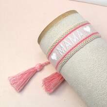 1pc Embroidered "MAMA" Heart Boho Tassel Woven Bracelet - Pink - View 5