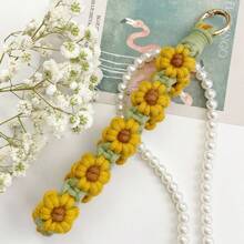 1pc Daisy Flower Cute Polyester Fiber DIY Handmade Wrist Keychain Keyring Phone Lanyard Bag Charm Backpack For School Letter