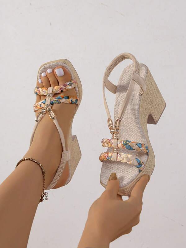 Women's Bohemian Style Rhinestone-Decorated, Fake Linen Rope Sole, Thick Platform Sandals. Fashionable Spring/Summer Style Platform Wedge Heel Ladies Sandals. Suitable For Daily Wear, Parties, Vacation, Weddings, Banquet, Fashion Shows. Pair Well With Camisoles, T-Shirts, Blouses, Bikinis, Skirts, Dresses, Shorts.