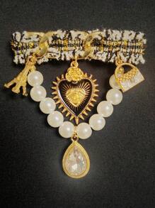 Broche de flecos con perlas artificiales vintage y personalizado para bolsos de mujer, estilo francés, de lujo ligero, alfiler para abrigos de moda, joyería de San Valentín dorada