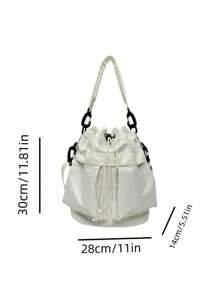 1pc Nylon Drawstring Design Women Shoulder Bag, Versatile For Daily Use, Sports Style, Foldable, Adjustable Strap, Multiple Pockets, Lightweight & Fashionable - White - View 7
