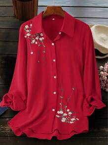 Áo kiểu nữ cỡ lớn thời trang thường ngày thêu họa tiết, thích hợp cho kỳ nghỉ xuân. - Đỏ - Xem 1