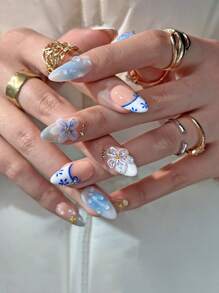 10 piezas de uñas de forma de almendra francesa presionadas a mano, con estilo de mundo submarino: flores de concha, flores pintadas a mano en azul, gotas de agua 3D, diamantes en forma de estrella de mar, hechas a mano, removibles y reutilizables, adecuadas para niñas y mujeres para uso diario, festivales, bodas, decoraciones de uñas para fiestas, con pegamento de gelatina y lima de uñas