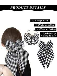 4PCS Big Checkered Bow Hair Clips Small Checkered Large Bow Hair Clips Black White Checkered Pattern Hair Bows For Women Girls Ponytail Long Tail Big Hair Bows Accessories