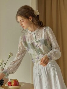 Simple Retro Women's Spring/Summer Contrast Color Collar Lace Patchwork Floral Print Green Romantic Elegant Retro Fitted Short Casual Blouse - Green - View 6