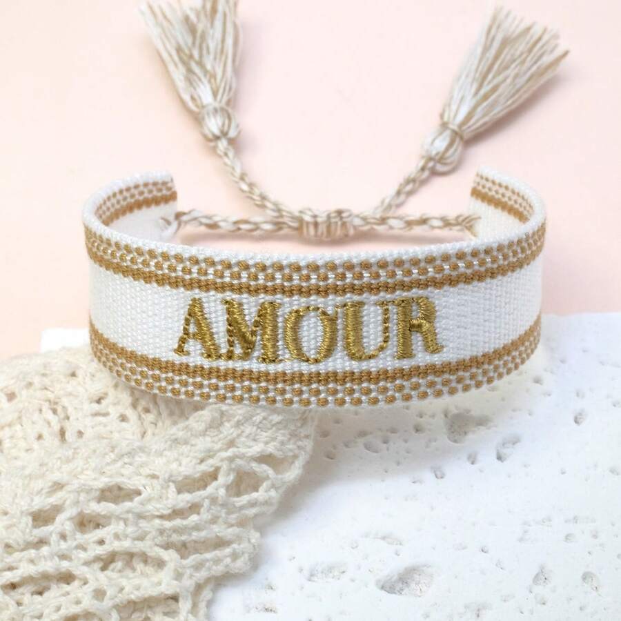 1 件 AMOUR 法式刺绣创意手工编织复古风格手链,适合情侣节礼物,祝福带 - 金色 - 查看 1