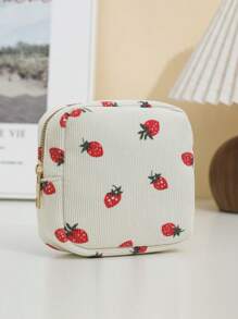1 pieza Bolsa de cosméticos de pana, almacenamiento de productos de higiene femenina, diseño lindo y minimalista con moño, patrones de cereza y fresa, portátil y esencial para viajes - Multicolor - Ver 15