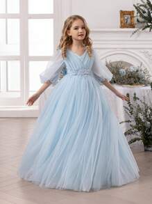 Tween Girl Light Blue Lace Embroidered Bow Mesh Party Elegant Dress, Princess Dress Suitable For Girls Birthday Party, Banquet, Formal Occasion, Prom, Wedding Flower Girl - 藍色 - 查看 7