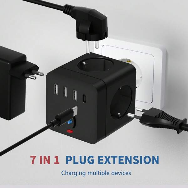 1 Stück Mehrfachsteckdose mit 7 Ausgängen, 3 EU-Steckdosen, 3 USB-A und 1 Typ-C Anschluss, Stromverteiler mit unabhängigem Schalter für Zuhause, Reisen, Büro, Wohnheim, Gaming-Zimmer