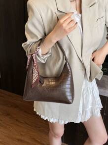 Fashionable Versatile Crocodile Embossed Minimalist Shoulder/Underarm Bag With Free Scarf - 咖啡 - 查看 4