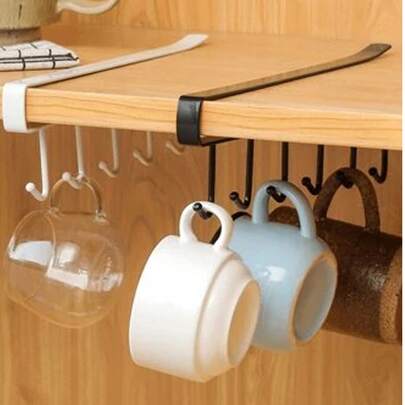 2 piezas Estante de almacenamiento de 6 ganchos blanco/negro, sin necesidad de taladrar, apto para gabinete, utensilios de cocina, espátula, organizador de cocina