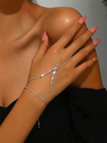 1pc Stylish Simple Silver-Color Rhinestone Full Finger Chain Bracelet