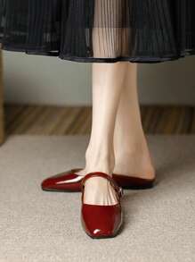 Women's Fashion Square Toe Casual Slip-On Black Shoes, Versatile Office, Outdoor Wear Flat Mules, Spring/Summer Premium Quality - 酒紅色 - 查看 6