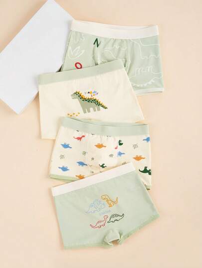 4 Pcs/Set Tween Boy's Boxers Kids' Shorts Printed Cartoon Pattern Cute Dinosaur Comfortable And Breathable For 4Y-12Y