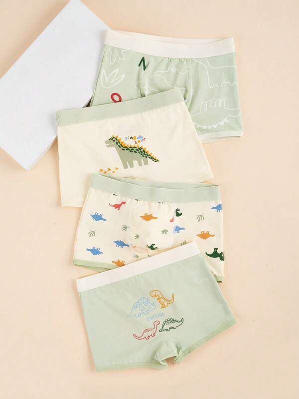 4 pièces/set Boxers pour garçons pré-adolescents, shorts enfants imprimés avec motif de dessin animé mignon de dinosaure, confortable et respirant pour 4 à 12 ans