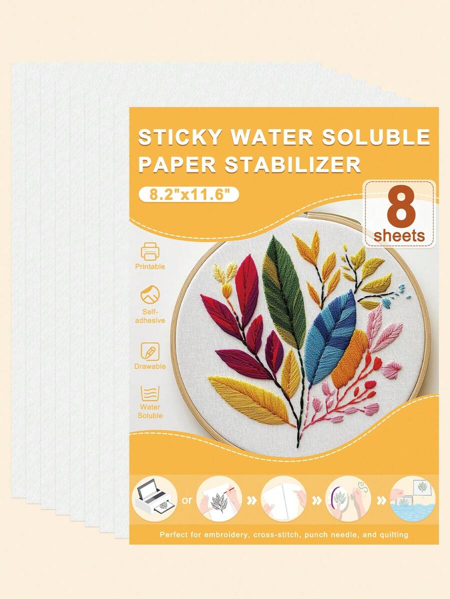 Giấy thêu Stick And Stitch Wash Away 8.2x11.6"(21 * 29.7 Cm), 8 tờ giấy in ổn định thêu hòa tan, ổn định Away cho thêu tay và thêu máy, lý tưởng để in và vẽ hoa văn - trái cam - Xem 1