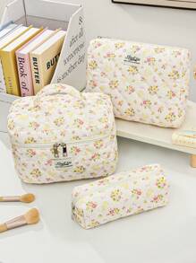 1 pieza/set Bolsa de maquillaje acolchada con estampado de conejito y floral, organizador cosmético multifuncional tipo cartera con cremallera para guardar lápices de labios, brochas, productos de cuidado de la piel, teléfono móvil, monedas y otros artículos pequeños para el hogar o viajes