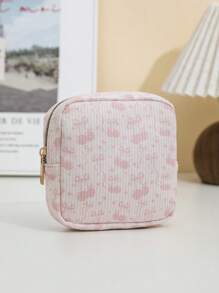 1 pieza Bolsa de cosméticos de pana, almacenamiento de productos de higiene femenina, diseño lindo y minimalista con moño, patrones de cereza y fresa, portátil y esencial para viajes - Multicolor - Ver 14