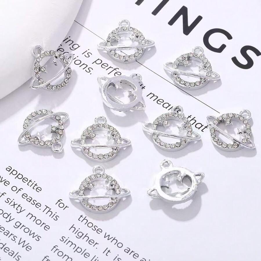 6pcs/Set Rhinestone Space Planet DIY Jewelry Necklace, Earring, Bracelet, Keychain, Pendant - Silver - View 1