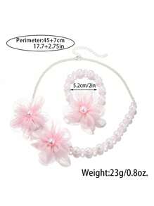 2pcs/Set Handmade Pink Chiffon Flower Pearl Beaded Bracelet & Necklace Set, Suitable For Daily Wear, Kid's Jewelry