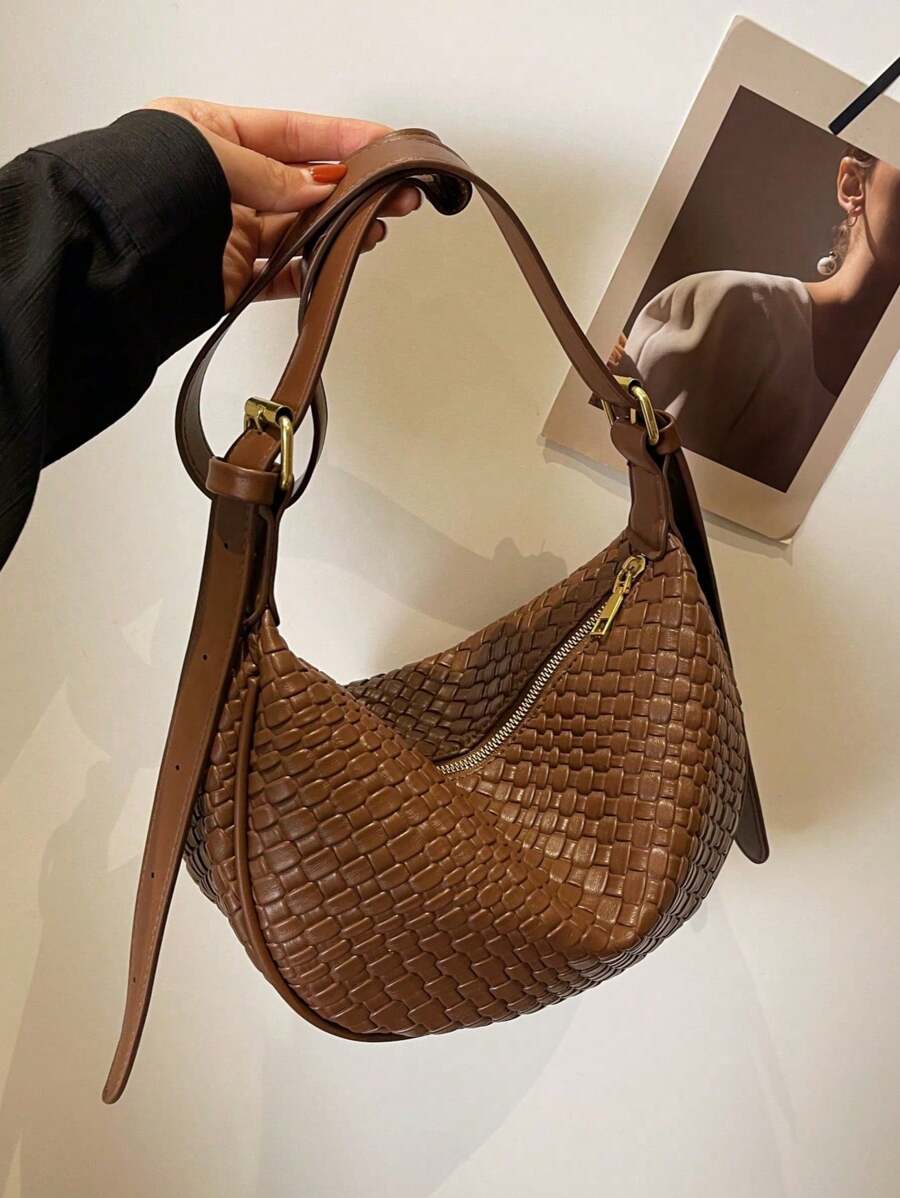 Túi đeo chéo họa tiết dệt PU thời trang mới cho nữ, màu trơn đơn giản, đa năng cho hẹn hò, mua sắm, thiết kế tinh tế