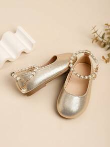Adorable Pearl Decor Girls Flat Shoes, Daily Wear - Gold - View 3