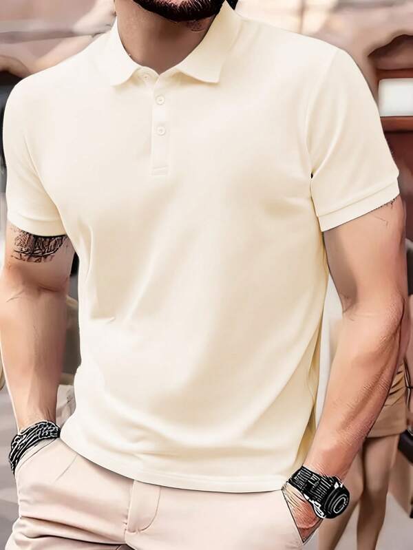 Men's Solid Color Casual Polo Shirt For Daily Commute