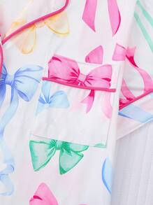 2pcs Women's Butterfly Allover Print Sleepwear Set, Short Sleeve Top And Shorts, Pocket, Lapel Bow, Button Front, Suitable For All Seasons - White - View 5