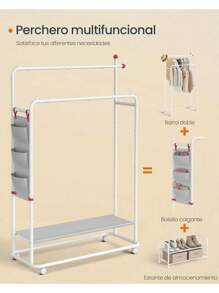 SONGMICS HOME Perchero, Perchero Metálico con Ruedas, 2 Barras para Colgar, Bolsillos Laterales, Estante, Ganchos para Cerillas, Blanco Mate - Blanco - Ver 7