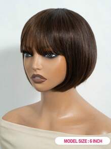 真人发钢琴棕色鲍勃假发，带刘海，直发，雷米头发，精灵剪发，女士日常使用无胶无蕾丝假发，佩戴方便，全机织假发 - 棕色 - 查看 4