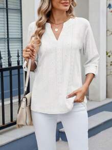 Women Dressy V Neck 3/4 Length Ruffle Sleeve T Shirts Eyelet Blouses Casual Loose Fit Tunic Top - trắng - Xem 5