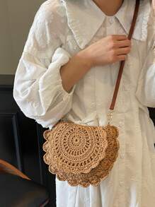 Borsa da spiaggia con capacità elevata, intrecciata e cava, per vacanze, borsa a spalla alla moda, versatile, minimalista, leggera, casual, per pendolarismo, shopping, appuntamenti, uso quotidiano - Cachi - Visualizzare 6