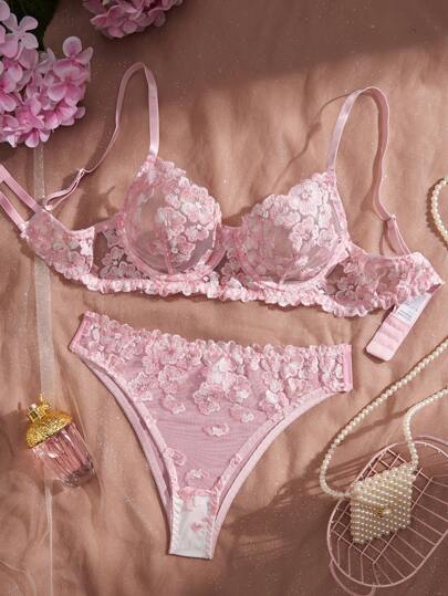 2pcs Women Sexy Lingerie Set, Pink Floral Embroidery Mesh Sheer Thin Bra, Intimate Bedroom Outfit For Valentine's Day