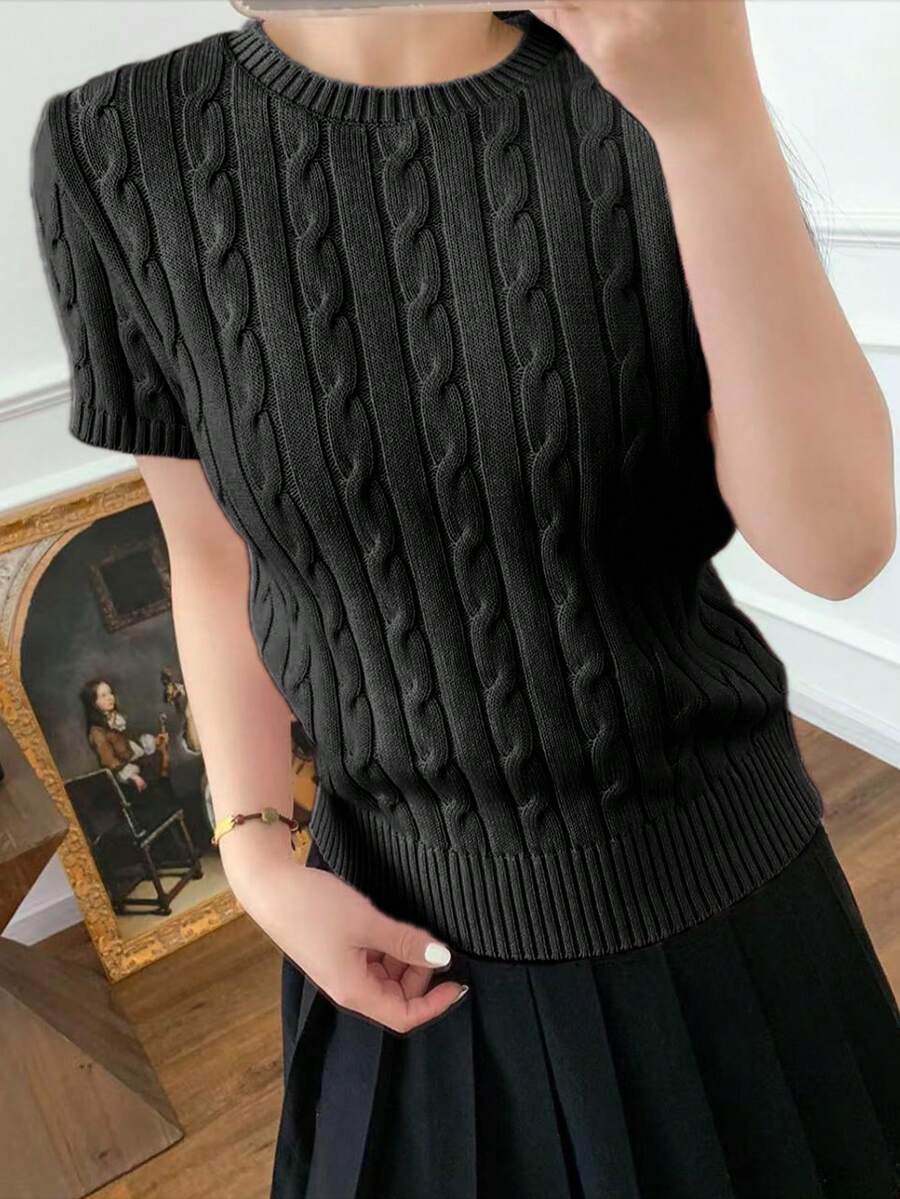 Women's Casual Solid Color Short Sleeve Knit Top - Black - View 1