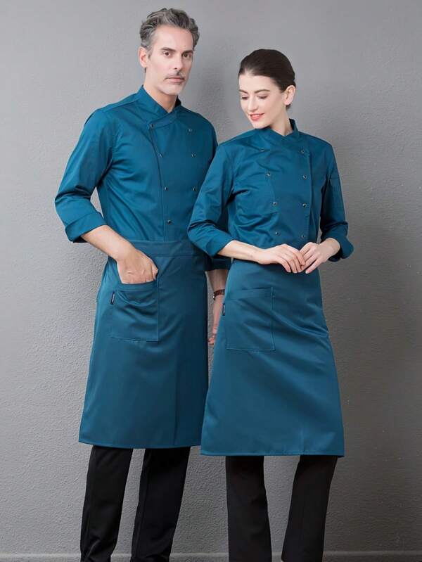 Nuevo diseño de uniforme de chef de manga larga, unisex azul clásico de alta calidad, adecuado para hotel, restaurante, panadería, cafetería, floristería, librería, local de comida rápida, corte limpio y elegante, cómodo, suave y transpirable