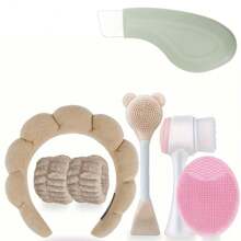 7 件套硅胶面部护理套装 - 深层清洁面膜刷套装，包括柔软毛绒头带和毛绒腕带，温和去角质双面面部刷，双头双面面膜刷，黑头去除器，女士便携式护肤工具，情人节、圣诞节的理想礼物 - 棕色 - 查看 1