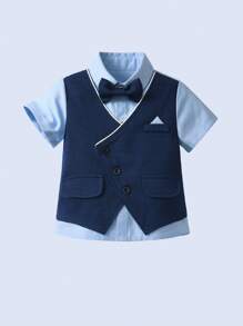 Bộ đồ 2 món cho bé trai - Áo sơ mi tay ngắn có nơ và quần short màu xanh navy, thời trang & quyến rũ cho tiệc sinh nhật, biểu diễn, sinh nhật đầu tiên, đám cưới, tiệc chiêu đãi - Màu xanh hải quân - Xem 3