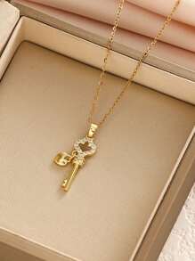 1pc Fashion Rhinestone Key Heart Pendant Necklace, Versatile, Delicate, Chic, Refined, Collarbone Necklace For Women