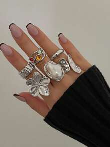 6pcs/Set Baroque Inspired Faux Pearl Flower Ring Set, Vintage Retro Bold Adjustable Cocktail Rings For Women