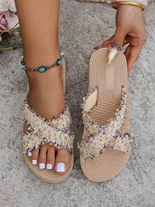 Sandalias de plataforma gruesa para mujer, diseño de entrelazado cruzado, ideales para resort y viajes, elegantes pantuflas para dama, estilo versátil y clásico de moda para vacaciones en la playa con vibra hawaiana, sandalias de playa con suela gruesa, color beige