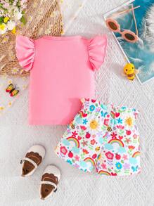 2 件套女婴可爱花卉绘画印花 T 恤搭配蝴蝶结短裤，全新夏季日常度假装