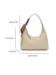 Fashionable Versatile Minimalist Vintage Print Shoulder Bag, Comes With Scarf - 米色 - 查看 10