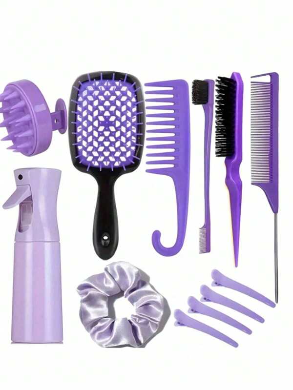 Set de 12 piezas de herramientas para el peinado - Adecuado para uso en salón, incluye set de peines, botella de spray, herramientas para trenzar, peine con púas y cepillo para el flequillo - Duradero, portátil y adecuado para todo tipo de cabello (Negro) (Rosa) (Púrpura)