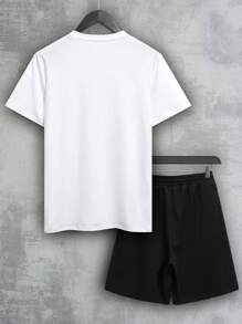 2 Piece Set Men's Summer White T Shirts Black Shorts Outfits, Casual Tops Athletic Pants, Eagle Graphic Tees, Short Sleeve, Crew Neck,Drawstring Waist - White - View 2